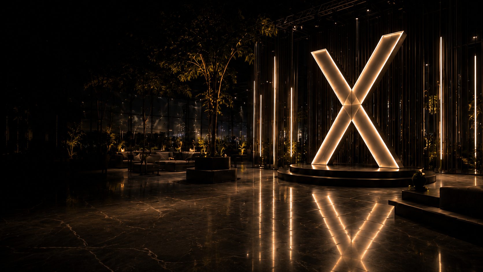 Instalación monumental iluminada en un espacio inmersivo